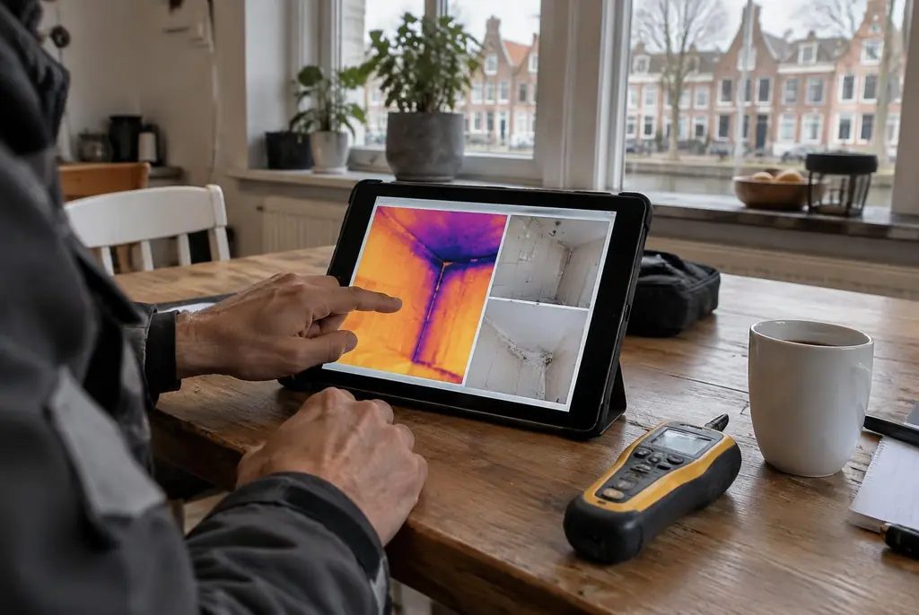 Lekdetectie Abcoude – lekdetectierapport met warmtebeelden en foto's op een tablet