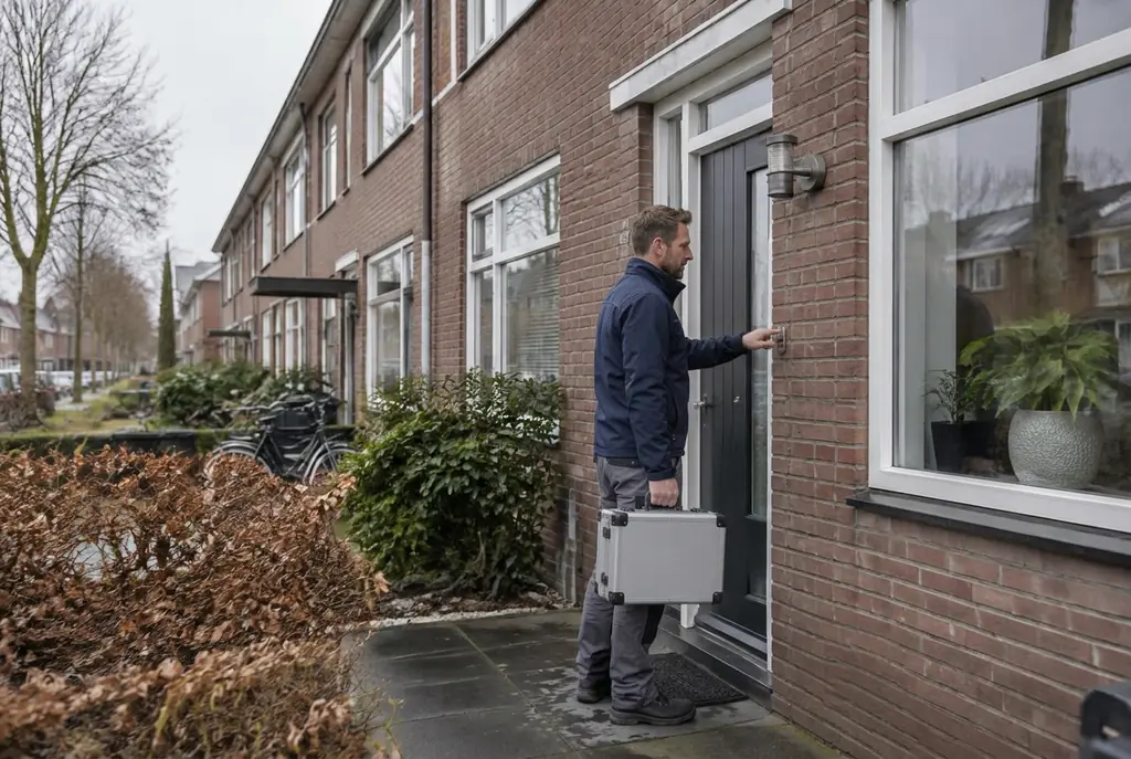 Lekdetectiespecialist met meetkoffer bij de voordeur van een woning in Abcoude
